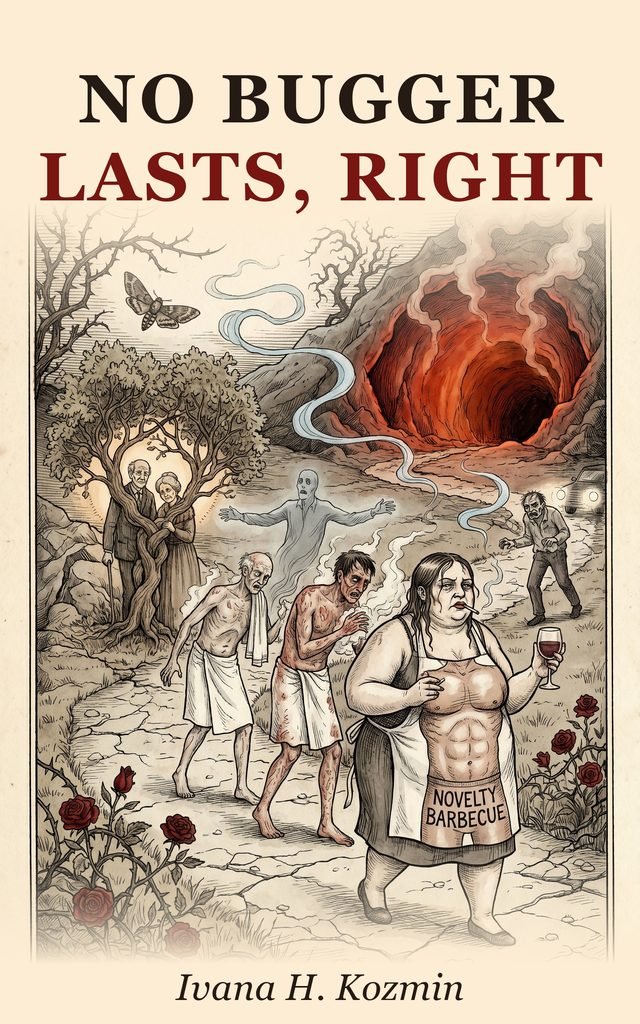 Cover of No Bugger Lasts, Right by Ivana H. Kozmin — gothic ink illustration of ghosts, roses and a burning cave