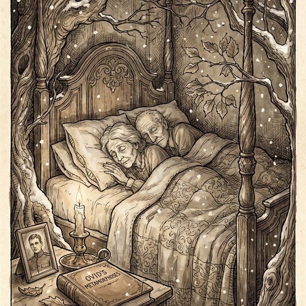 Ink illustration for A Fairy Tale with a Happy Ending: an elderly couple asleep together in bed by candlelight