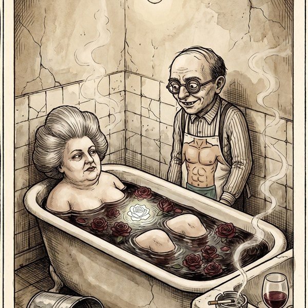 Ink illustration for Frank Has to Be Happy: a woman in a bath of red roses, an old man in an apron beside her