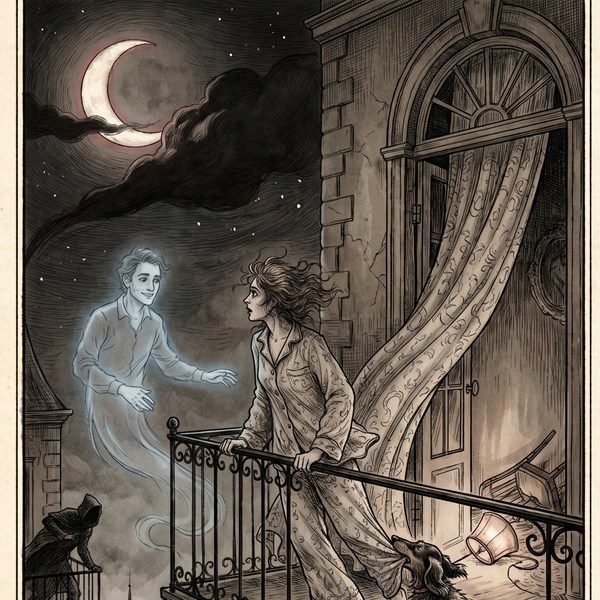 Ink illustration for Love Beyond the Grave: a ghostly man beckoning a woman from a moonlit balcony