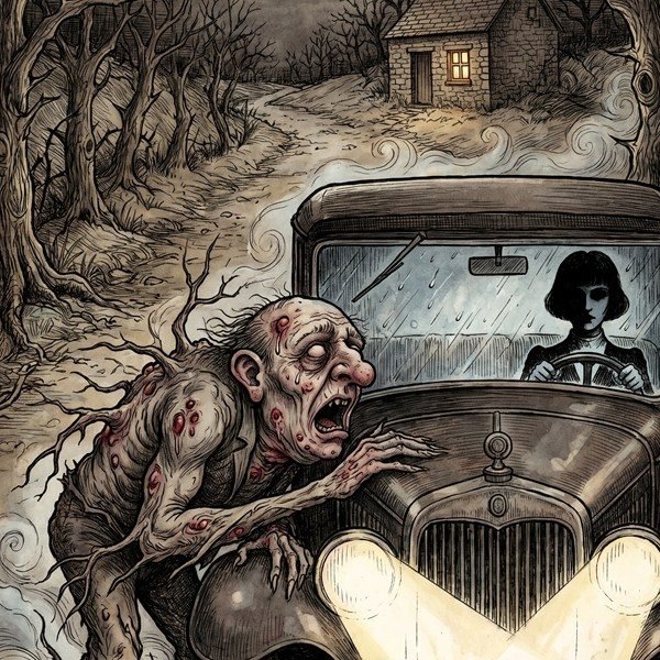 Ink illustration for Luca Lues: a ghoulish figure clutching the bonnet of an old car on a forest road