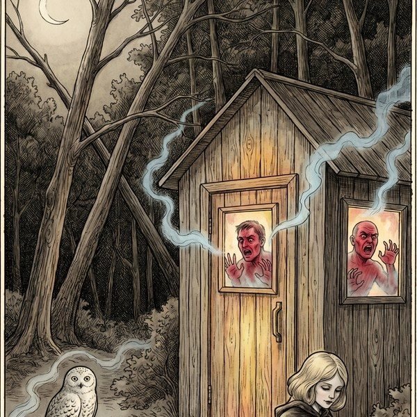Ink illustration for Take No Prisoners!: red faces glowing in the windows of a wooden sauna hut in the woods